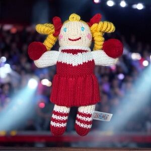 Zubels Cheerleader Knit Plush Rattle Doll Blonde Blue Eyes Red Dress 6.5”